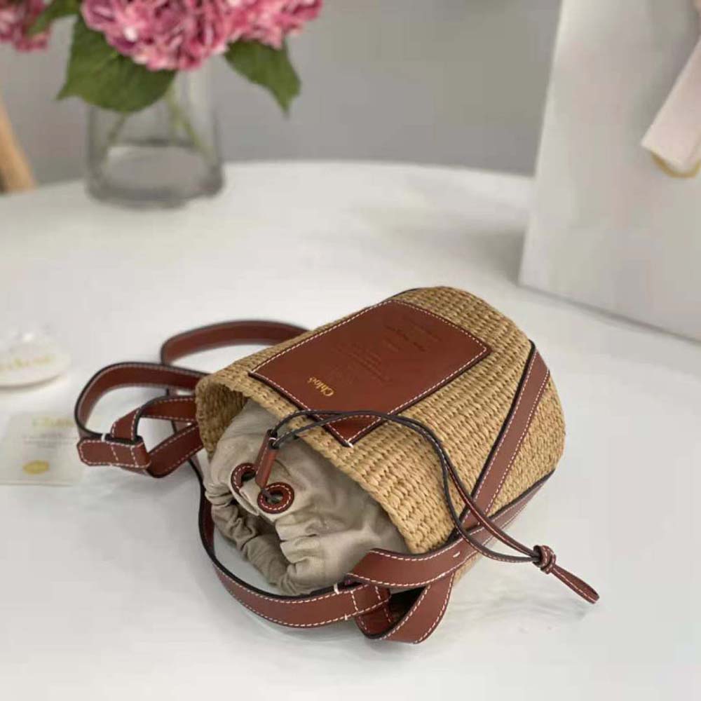 Chloe Women Small Basket in Fair-Trade Paper and Shiny Calfskin-Brown - image 5