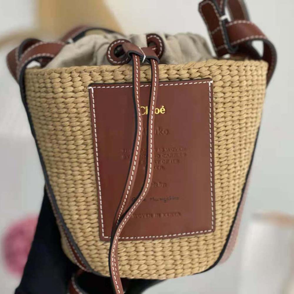 Chloe Women Small Basket in Fair-Trade Paper and Shiny Calfskin-Brown - image 7