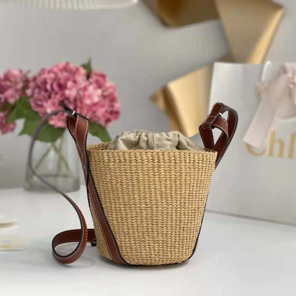 Chloe Women Small Basket in Fair-Trade Paper and Shiny Calfskin-Brown - image 4