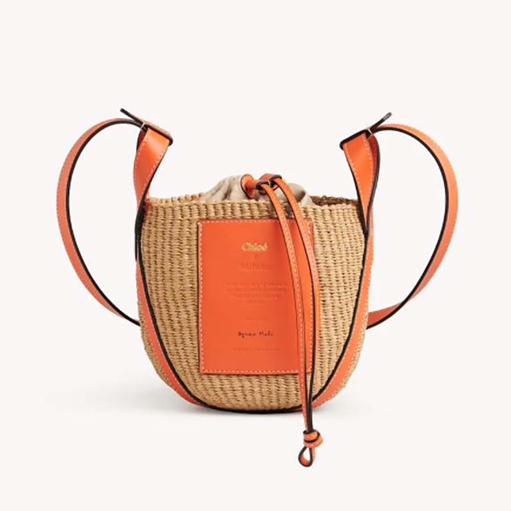 Front view of Chloe Women Small Basket in Fair-Trade Paper and Shiny Calfskin-Orange