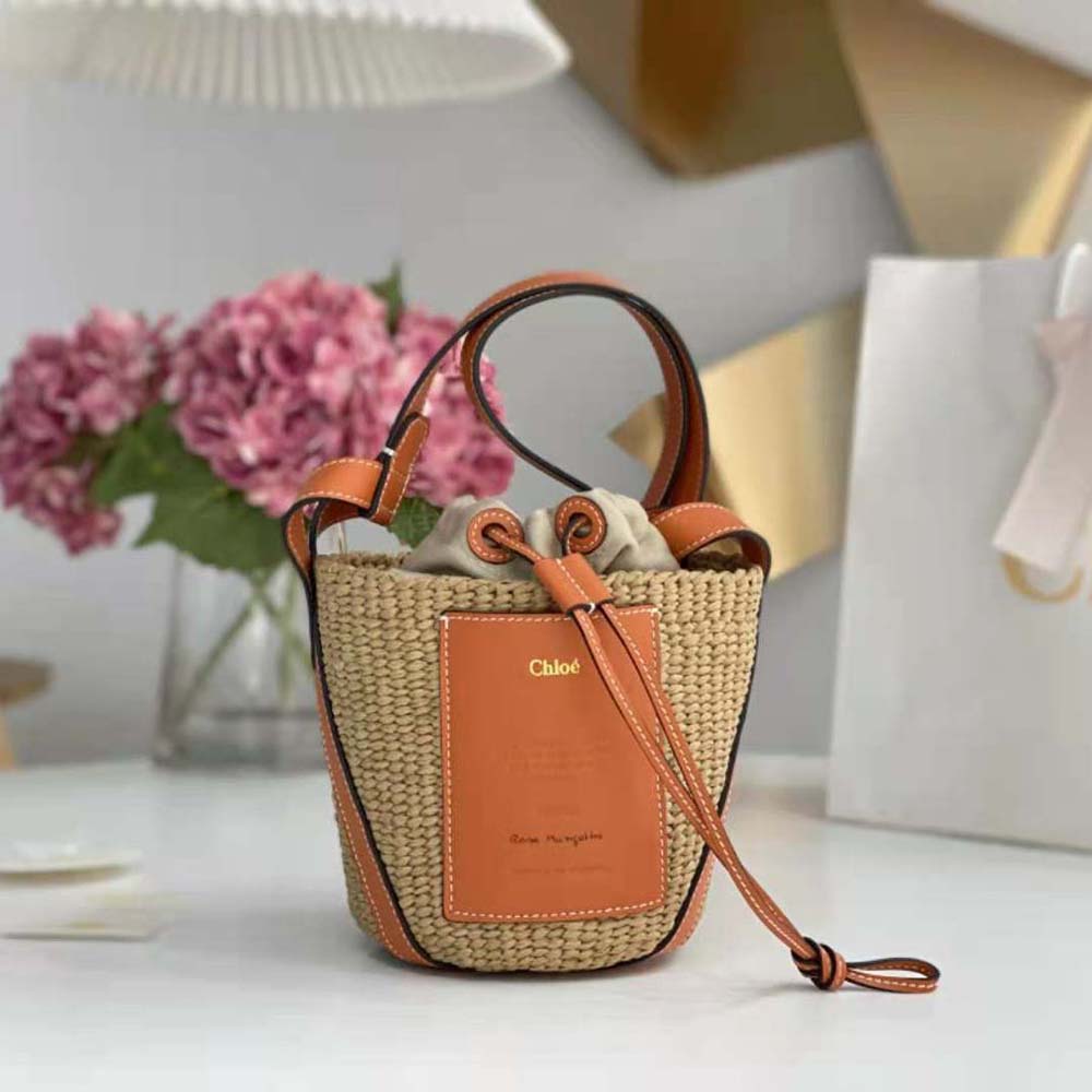 Close-up of shiny calfskin trim and gold hardware on Chloe Women Small Basket