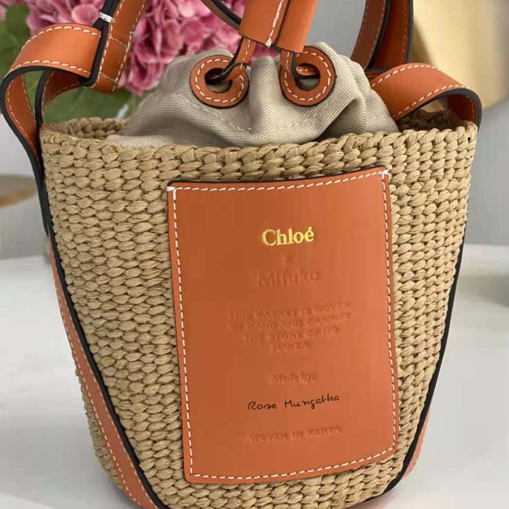 Chloe Women Small Basket in Fair-Trade Paper and Shiny Calfskin-Orange - image 9