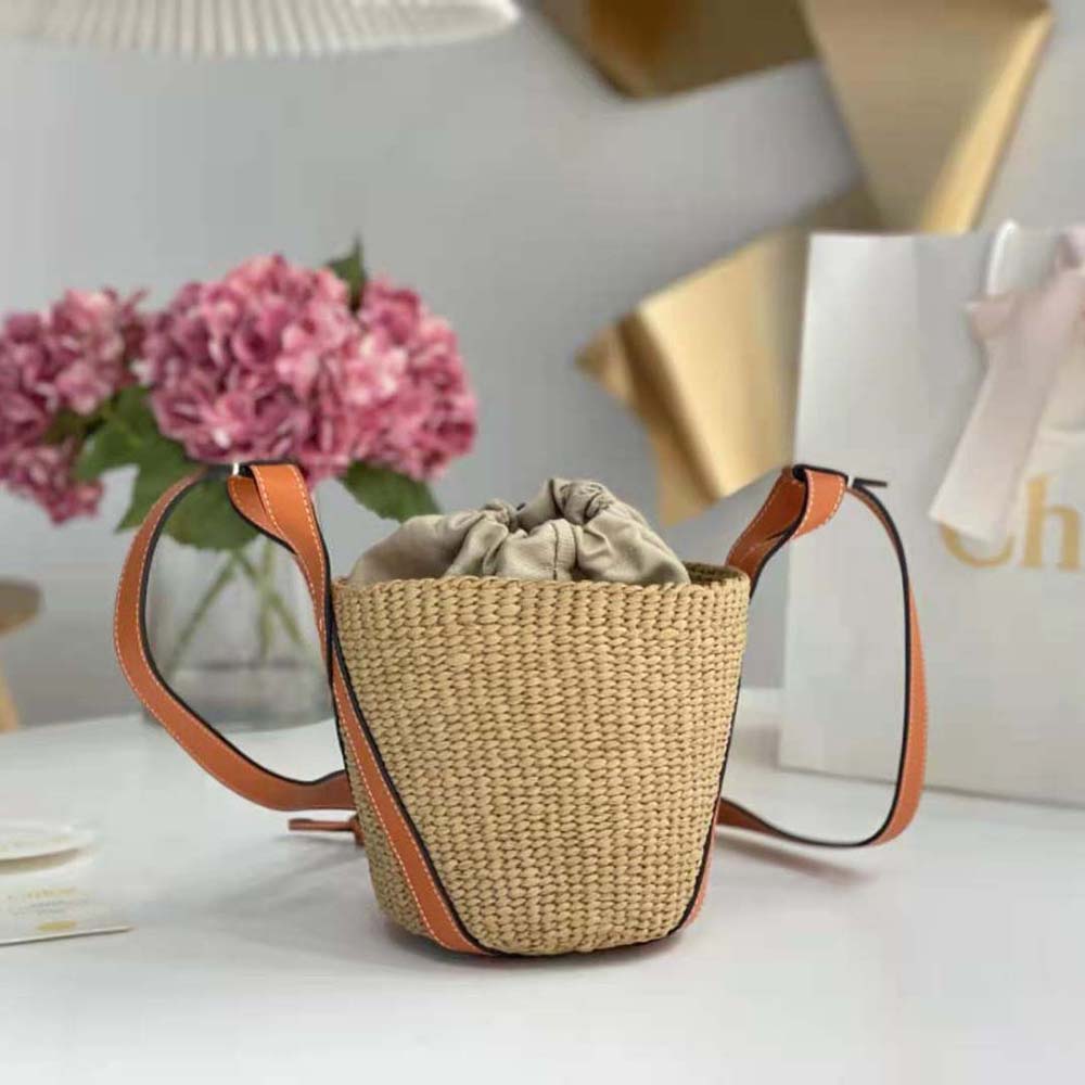 Chloe Women Small Basket in Fair-Trade Paper and Shiny Calfskin-Orange - image 4
