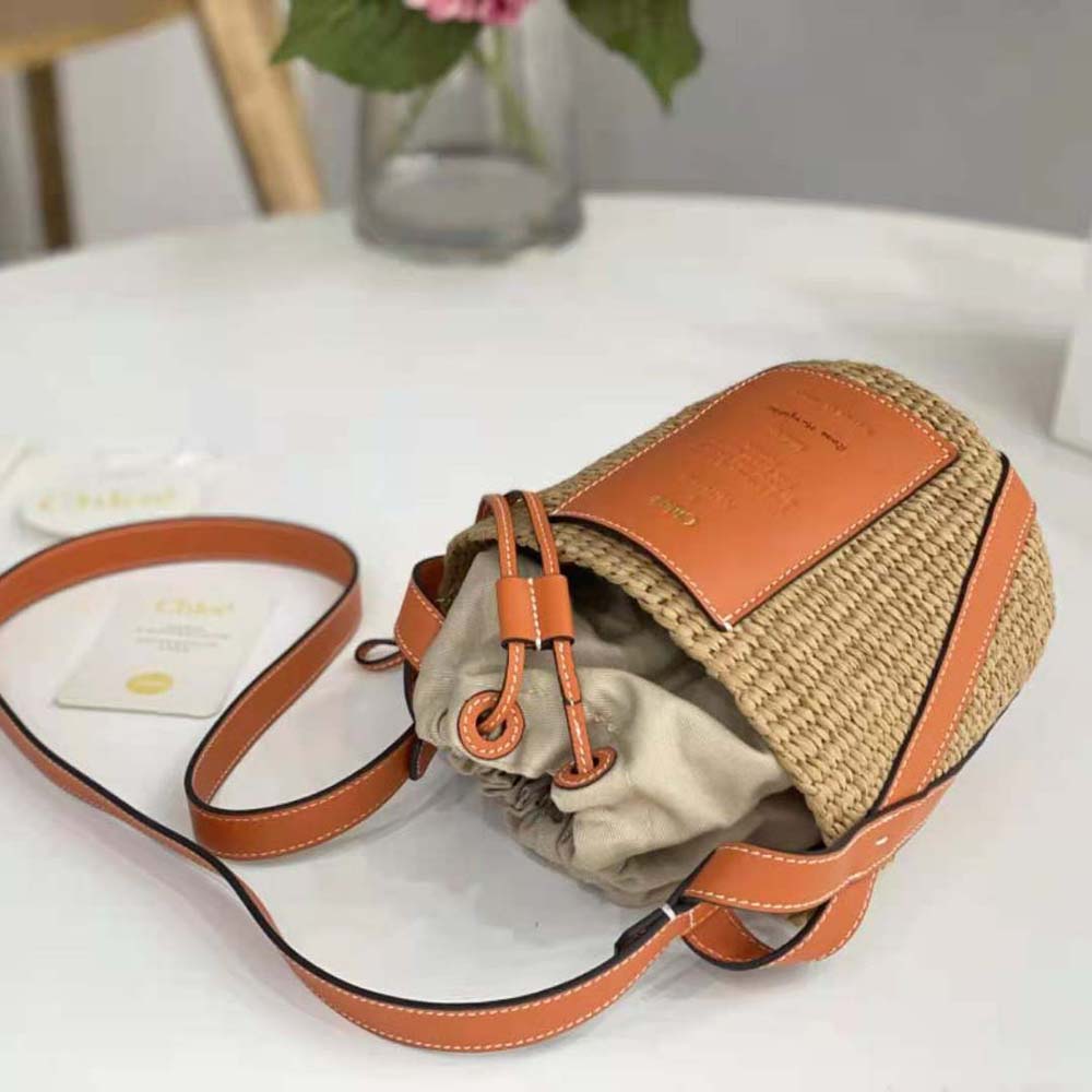 Chloe Women Small Basket in Fair-Trade Paper and Shiny Calfskin-Orange - image 6