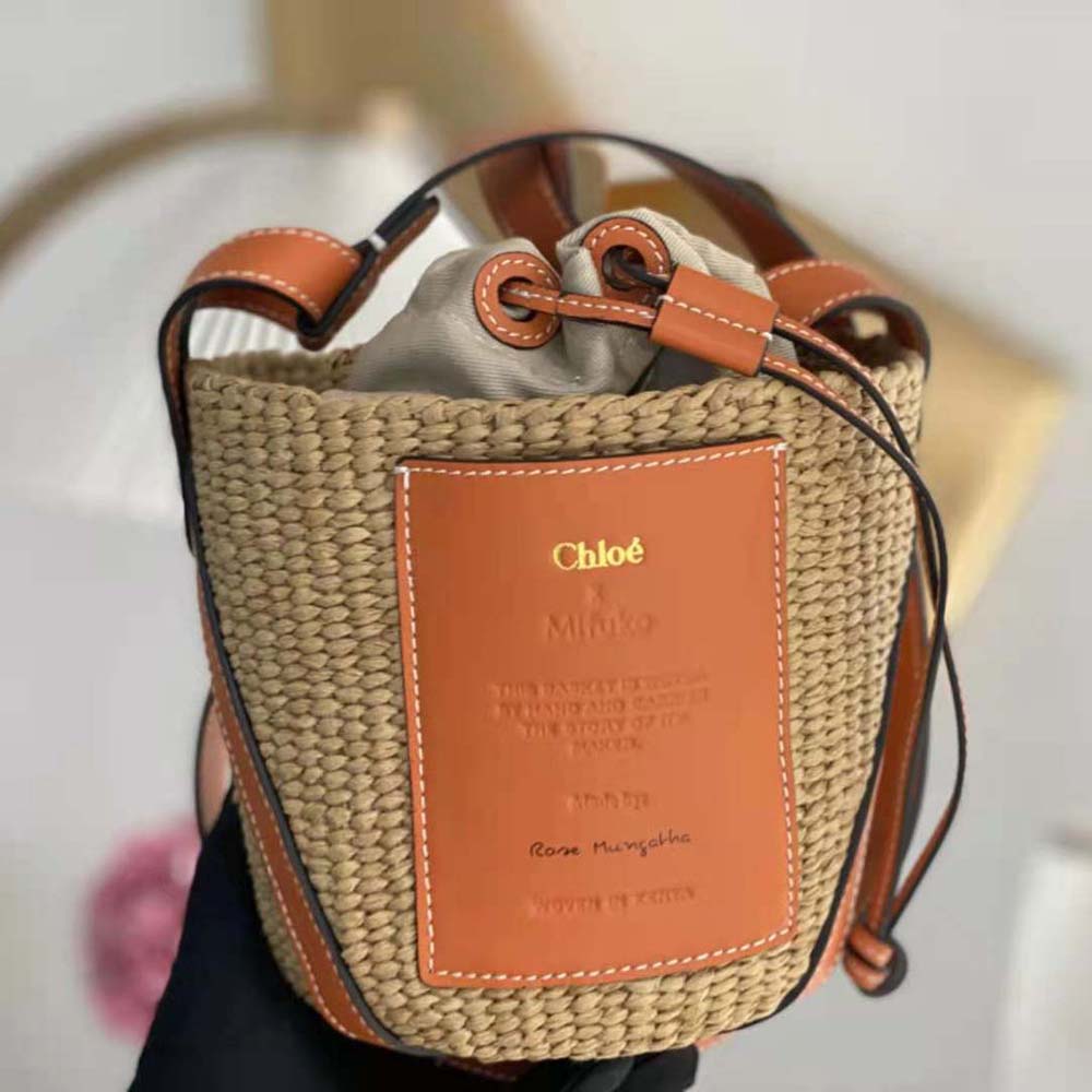 Chloe Women Small Basket in Fair-Trade Paper and Shiny Calfskin-Orange - image 8
