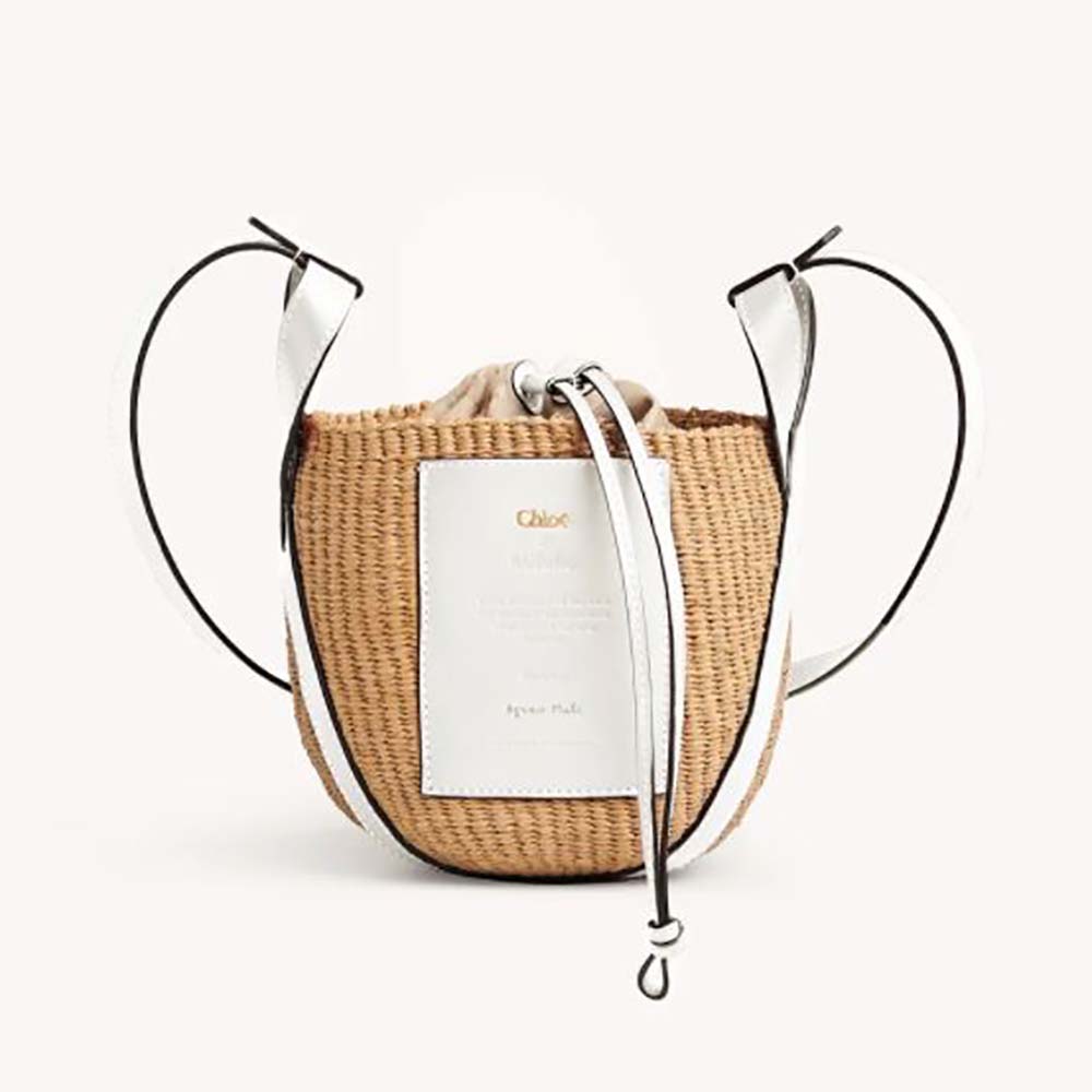 Front view of Chloe Women Small Basket in Fair-Trade Paper and Shiny Calfskin-White