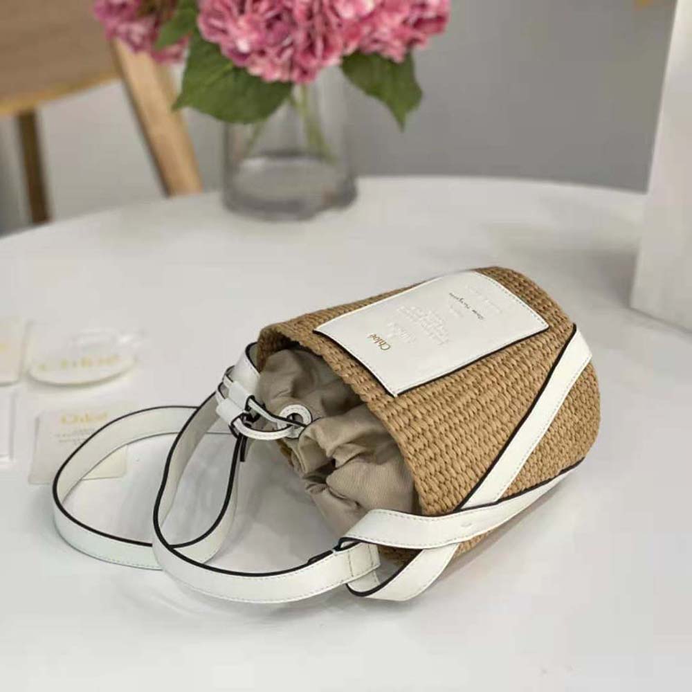 Chloe Women Small Basket in Fair-Trade Paper and Shiny Calfskin-White - image 6