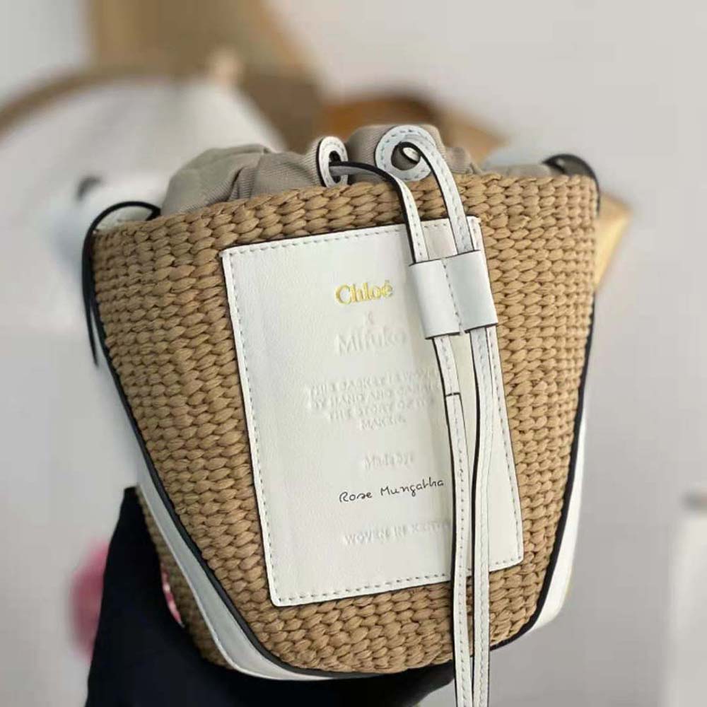Chloe Women Small Basket in Fair-Trade Paper and Shiny Calfskin-White - image 4