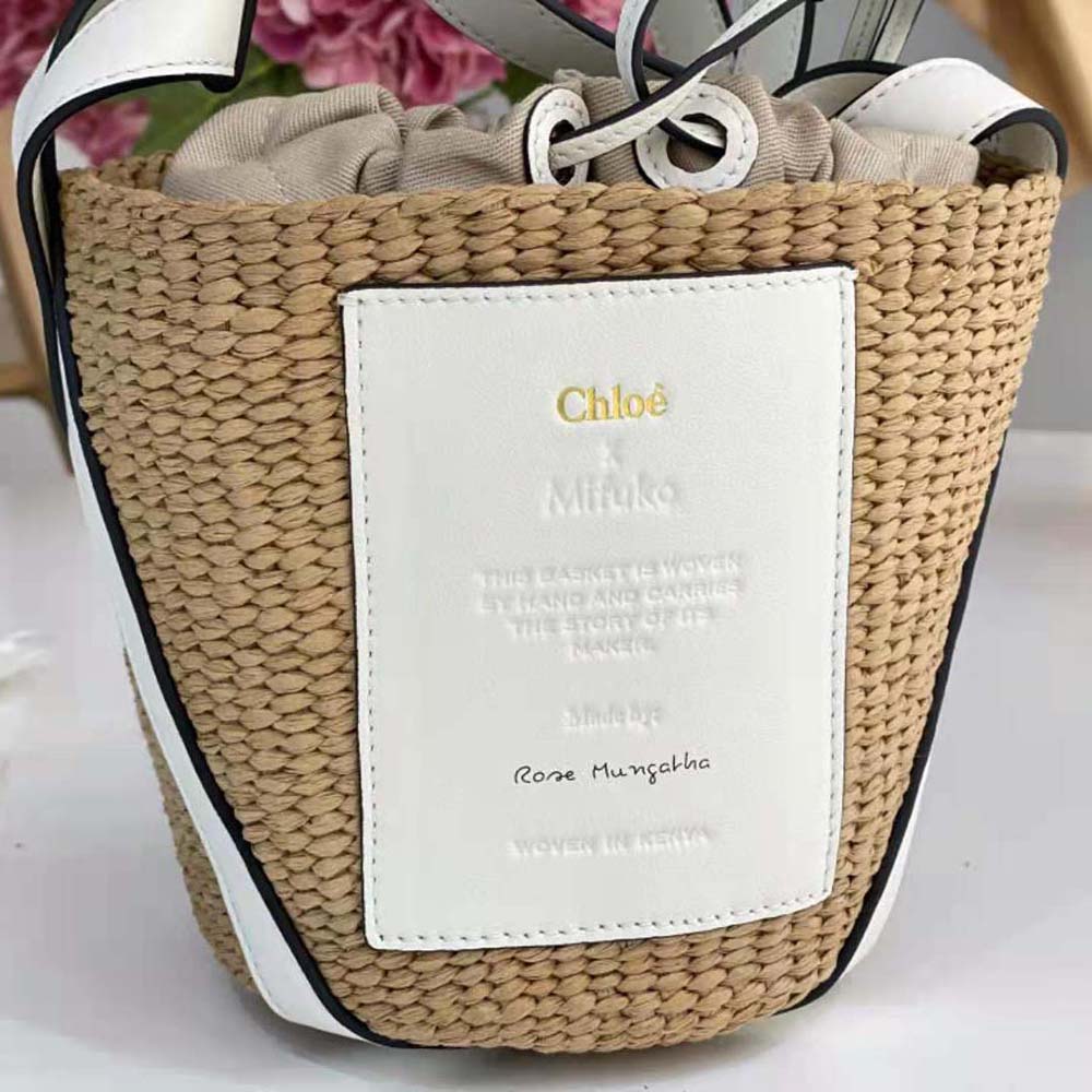Chloe Women Small Basket in Fair-Trade Paper and Shiny Calfskin-White - image 8
