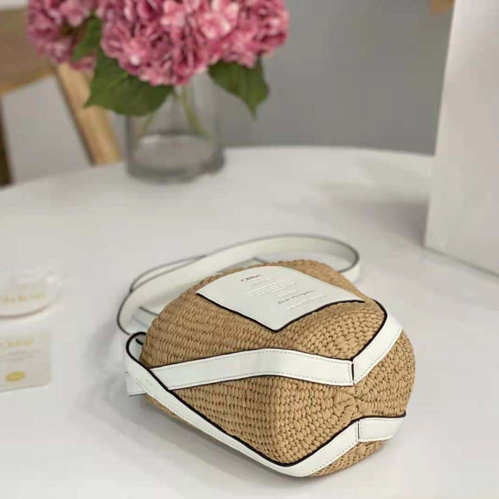 Chloe Women Small Basket in Fair-Trade Paper and Shiny Calfskin-White - image 7