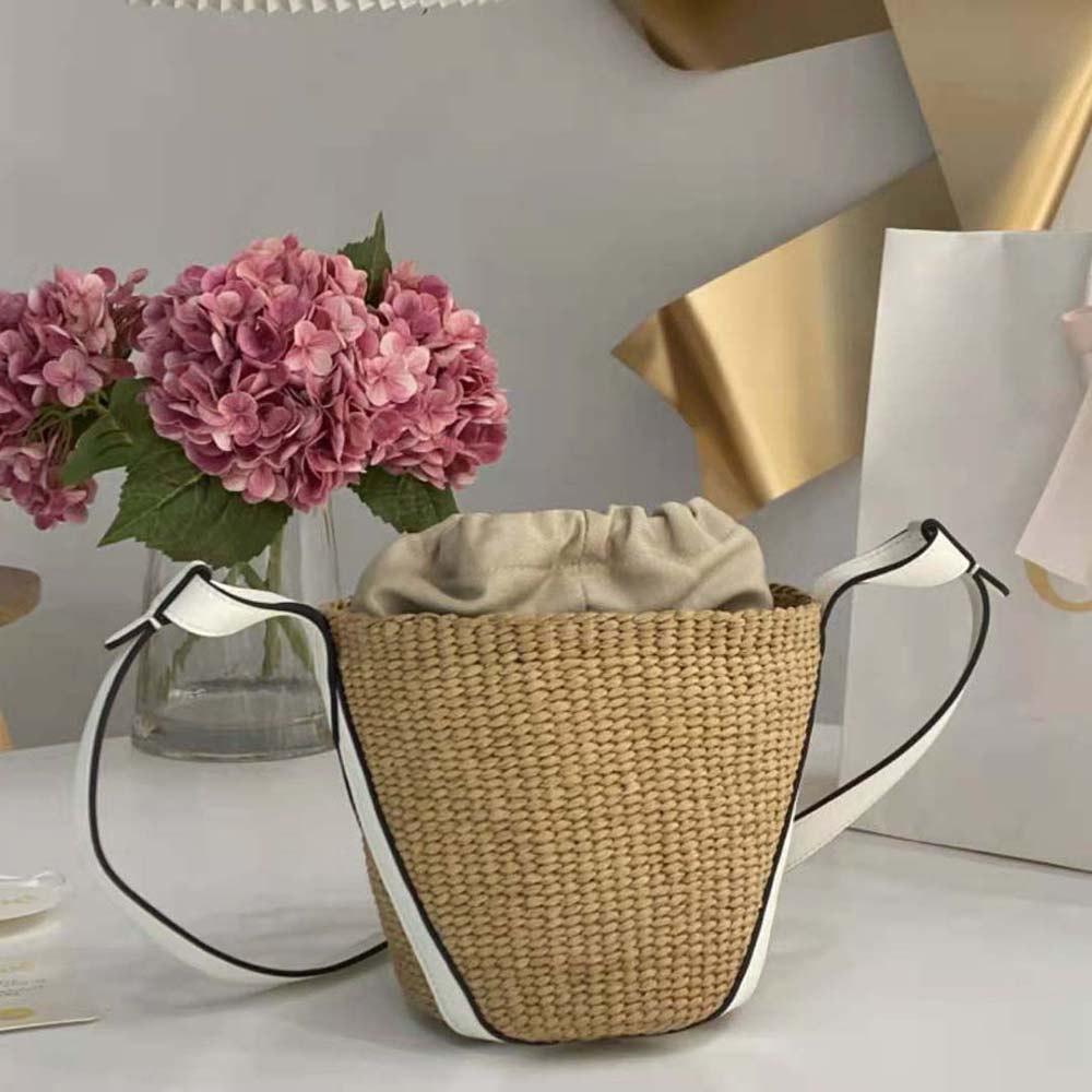 Chloe Women Small Basket in Fair-Trade Paper and Shiny Calfskin-White - image 5
