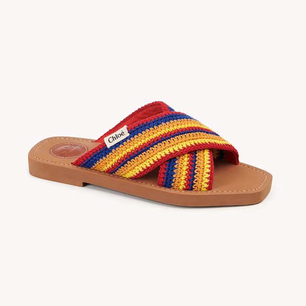 Side angle of Chloe Women Woody Flat Mule-Yellow showing wooden sole