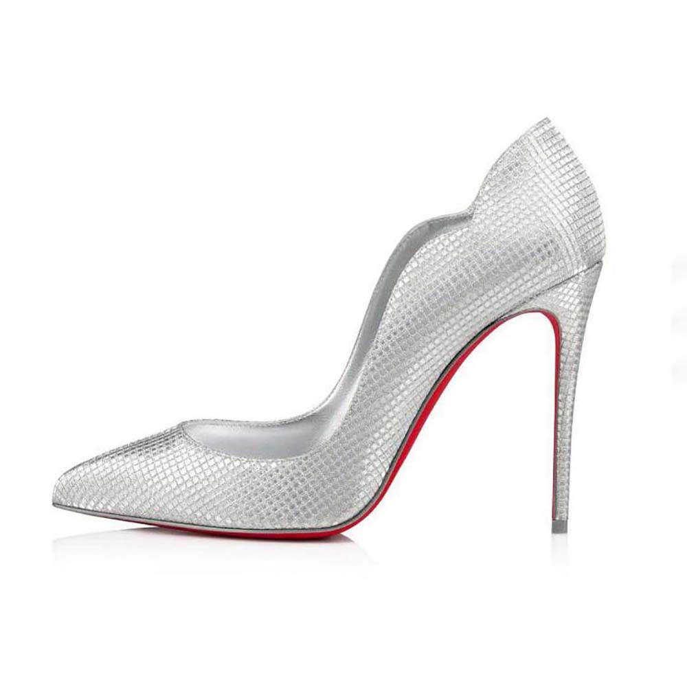 Side view of Christian Louboutin Women Hot Chick 100 mm Heel Height-Silver sandal