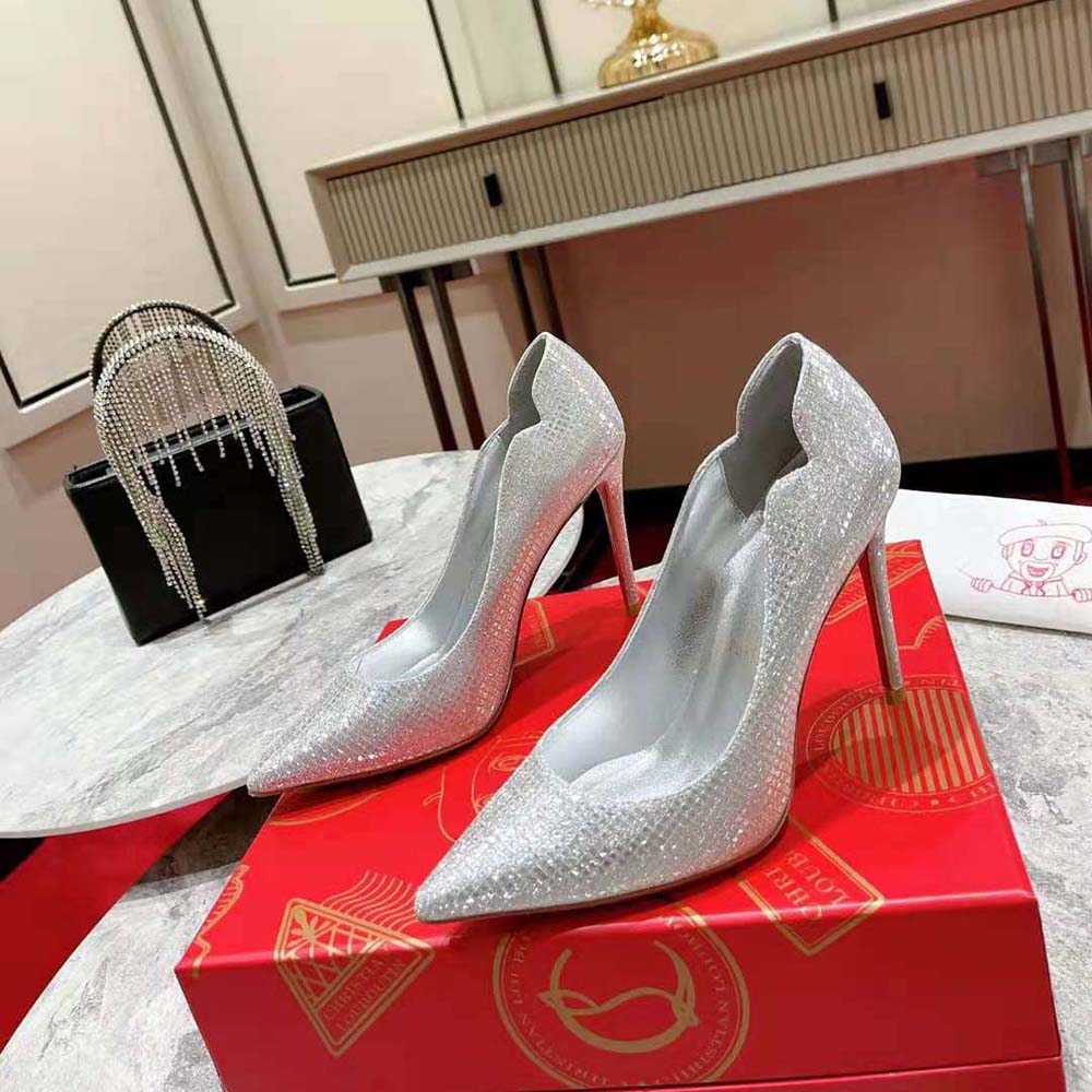 Top-down angle showing buckle detail on Christian Louboutin Women Hot Chick 100 mm Heel Height-Silver