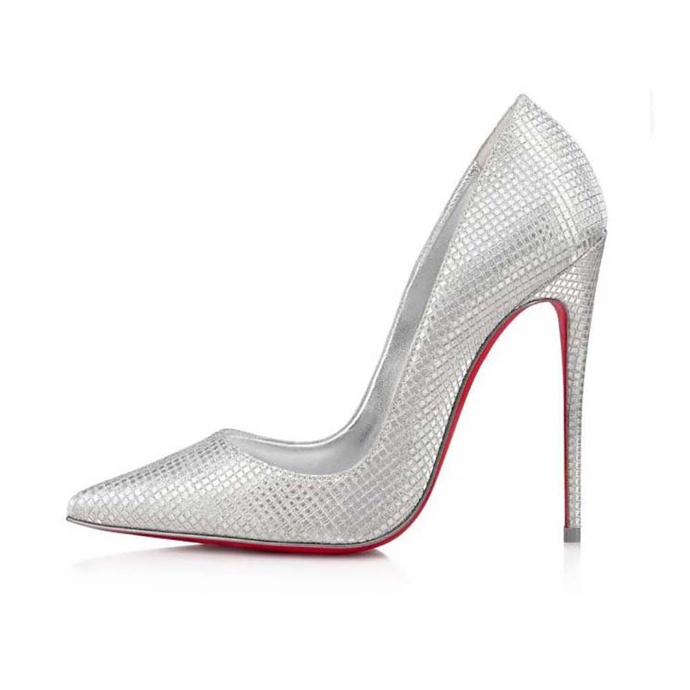 Side angle of Christian Louboutin Women So Kate 120 mm Heel Height-Silver