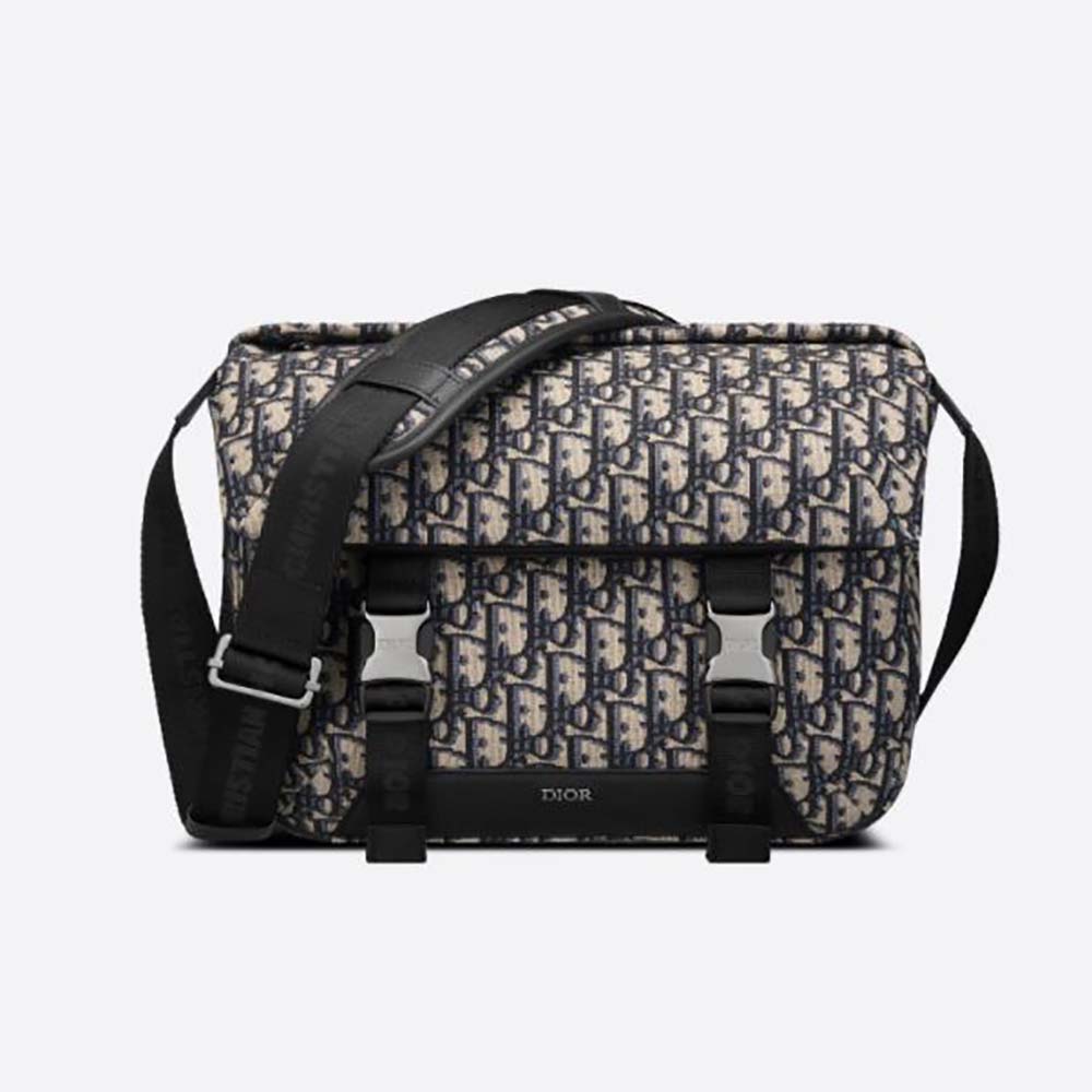 Front view of Dior Men Explorer Messenger Bag Beige and Black Dior Oblique Jacquard