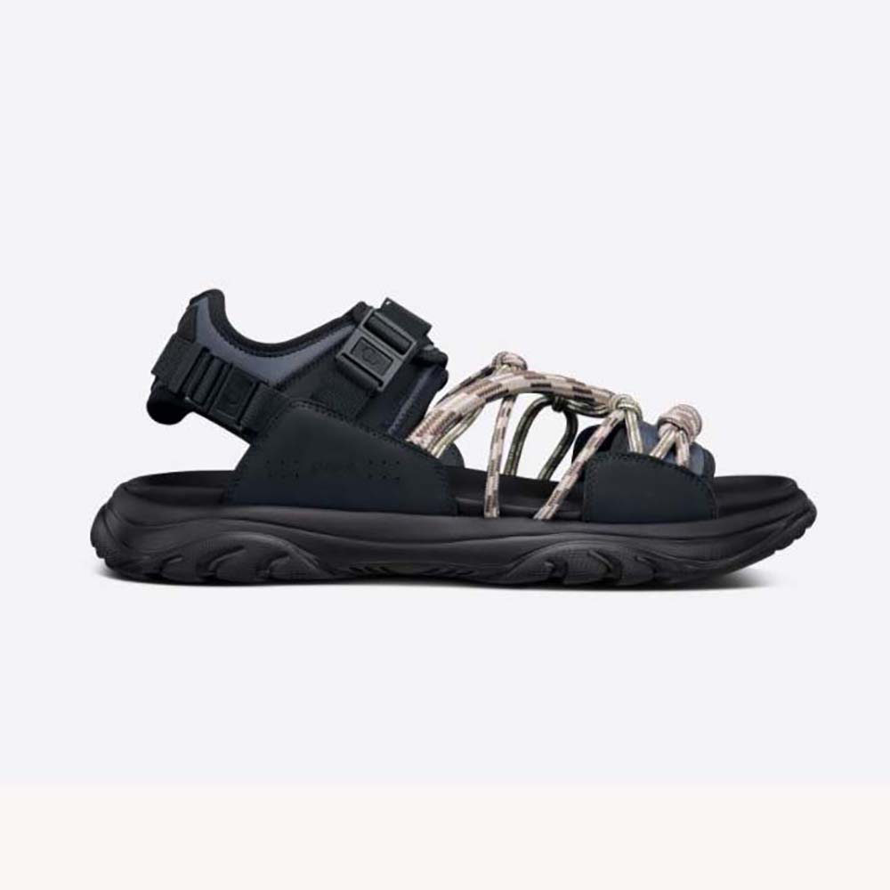 Side view of Dior Men H-Town Sandal Black and Gray Technical Fabric with Brown Nubuck Calfskin