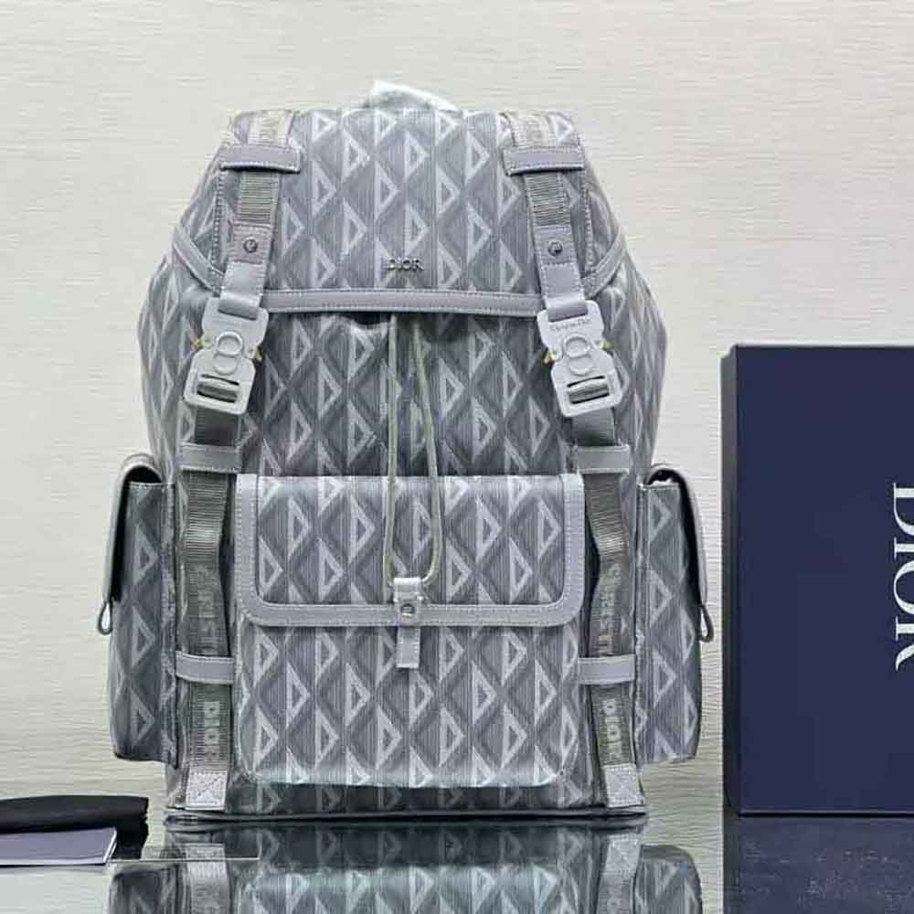 Close-up of silver hardware on Dior Men Hit the Road Backpack Dior Gray CD Diamond Canvas