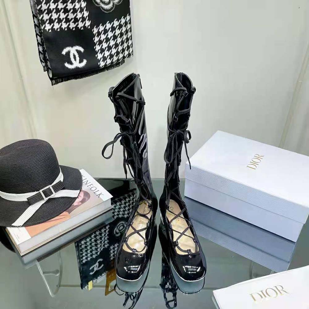 Close-up detail of laces and silver hardware on Dior Women Arty Lace-up Boot Black Patent Calfskin