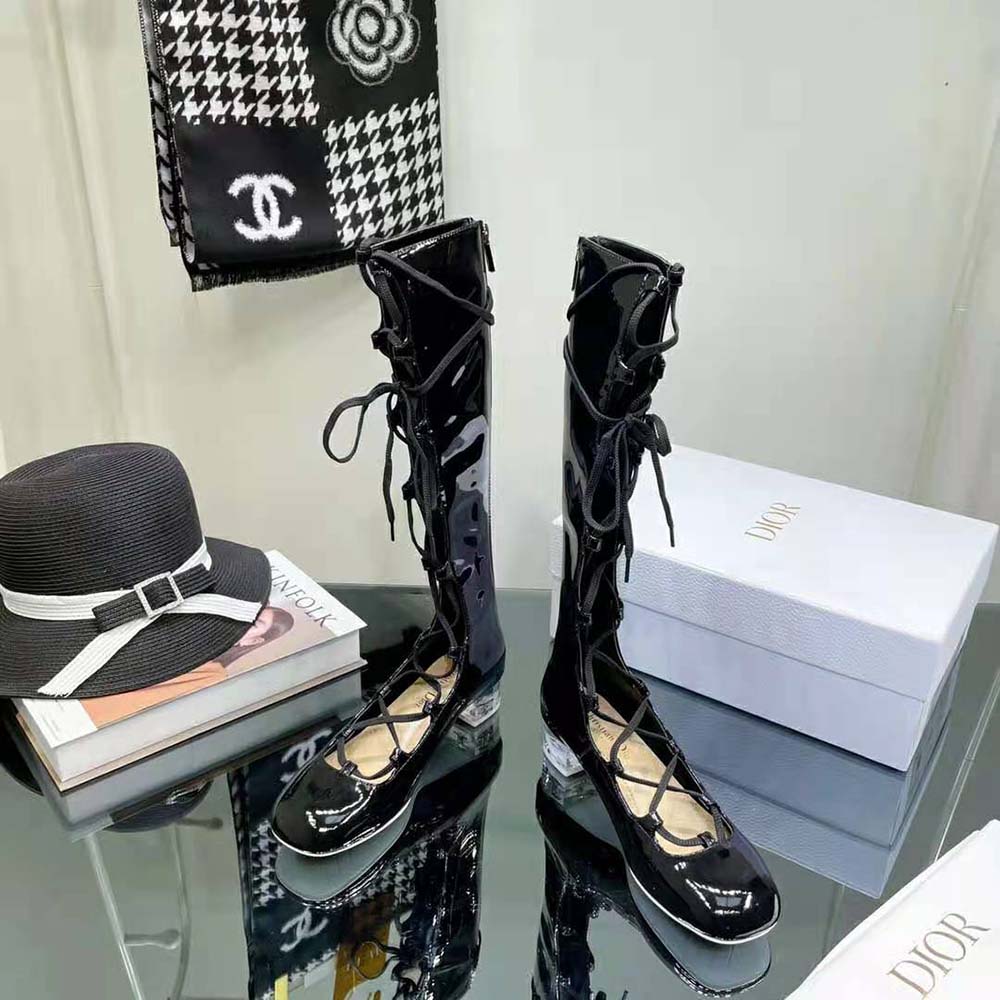 Top-down angle showing high ankle fit of Dior Women Arty Lace-up Boot Black Patent Calfskin