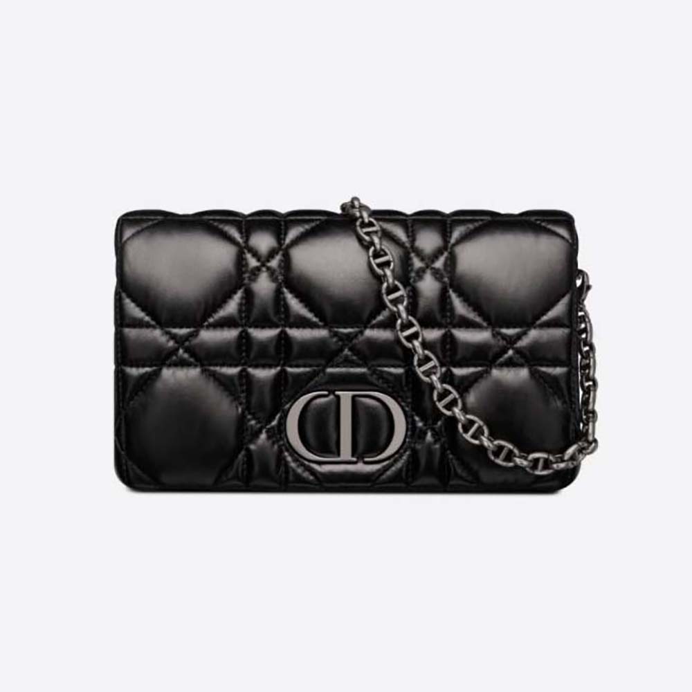 Front view of Dior Women Caro Macrocannage Pouch Black Quilted Macrocannage Calfskin