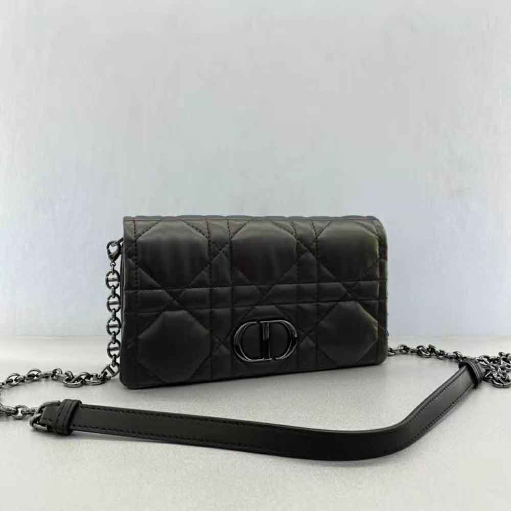Side angle showing silver-tone hardware on Dior Women Caro Macrocannage Pouch