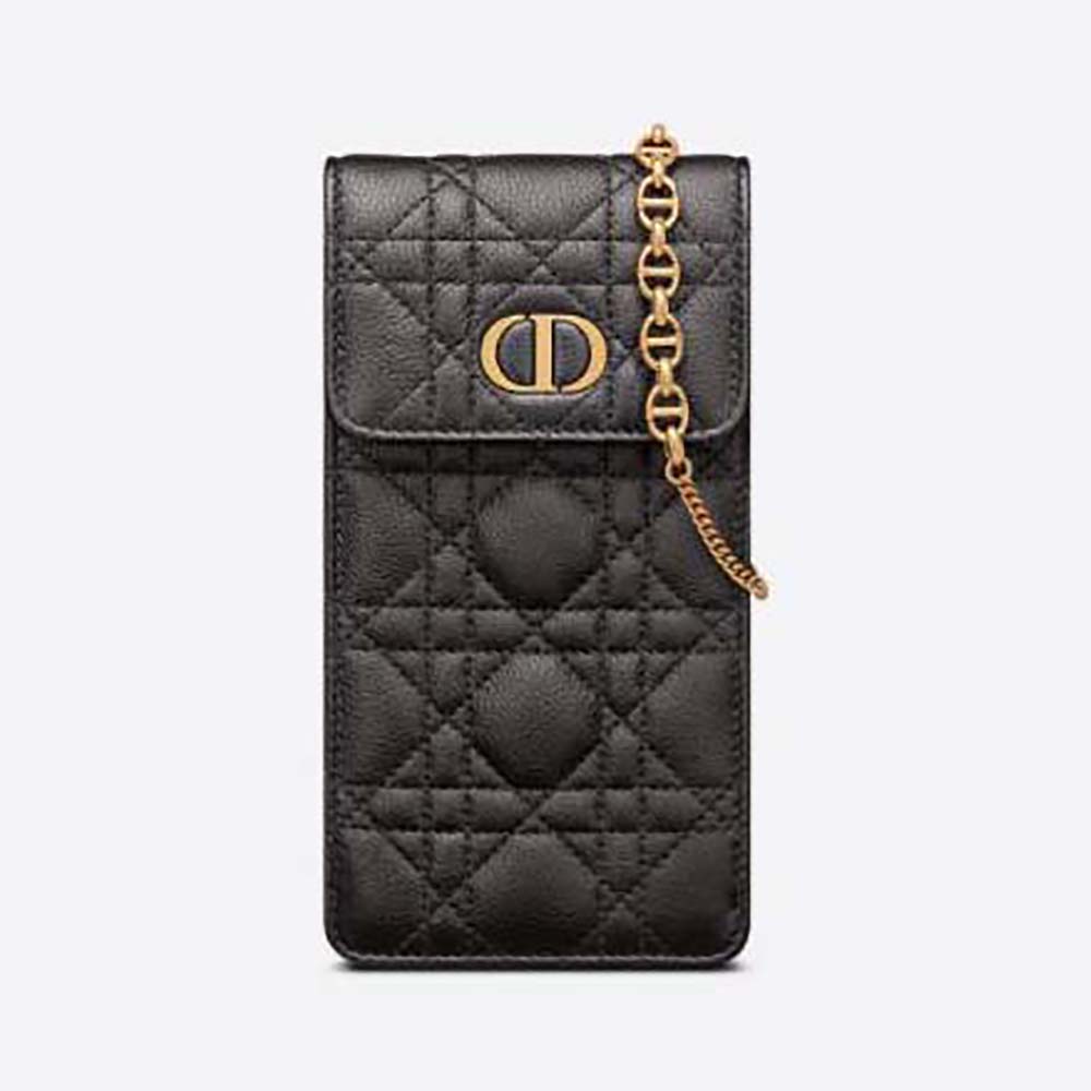 Front view of Dior Women Caro Phone Holder with Chain Black Supple Cannage Calfskin