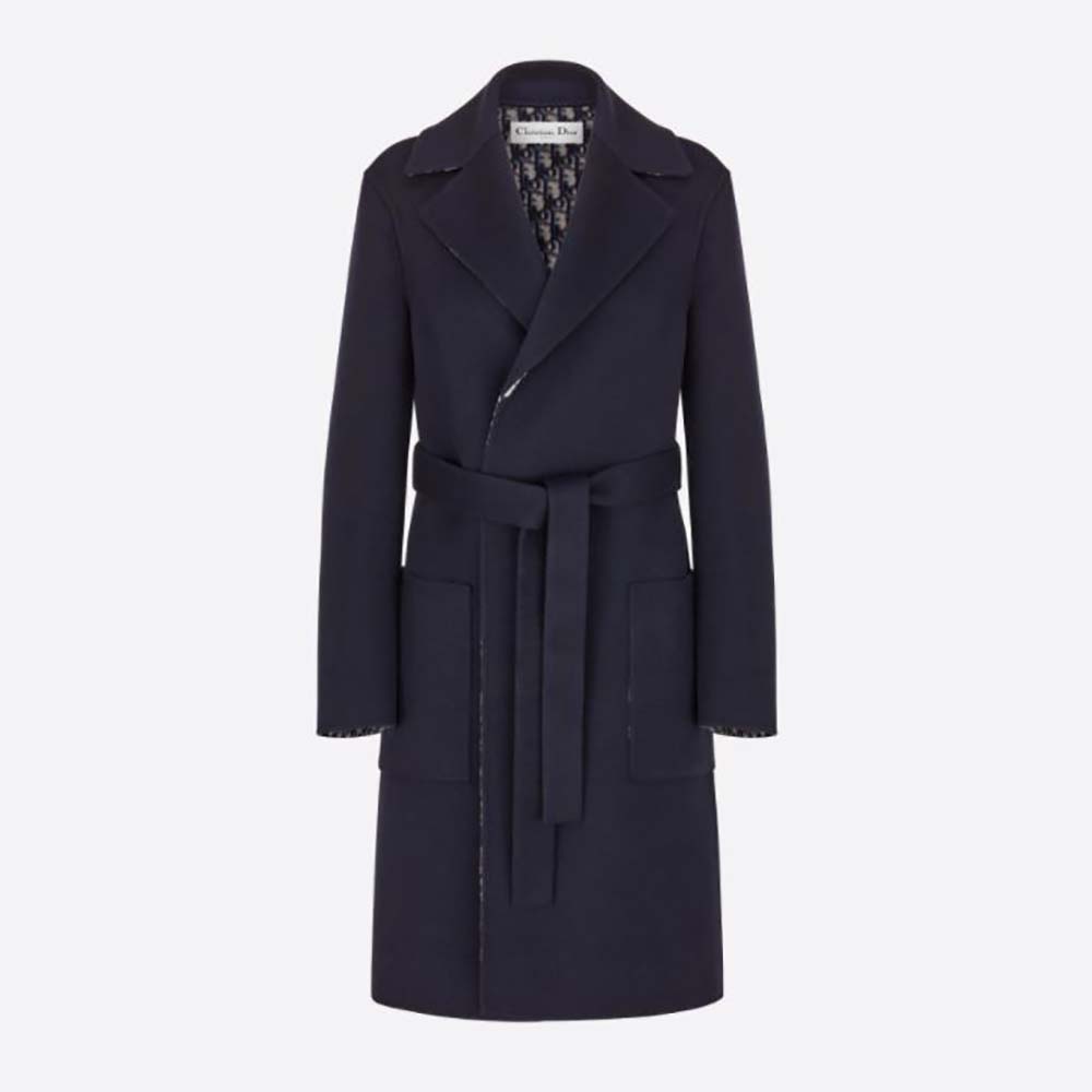 Front view of Dior Women Coat Blue Double-Sided Wool on model