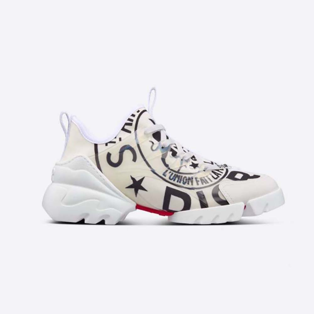 Front angle of Dior Women D-Connect Sneaker White Technical Fabric with Dior Union Print