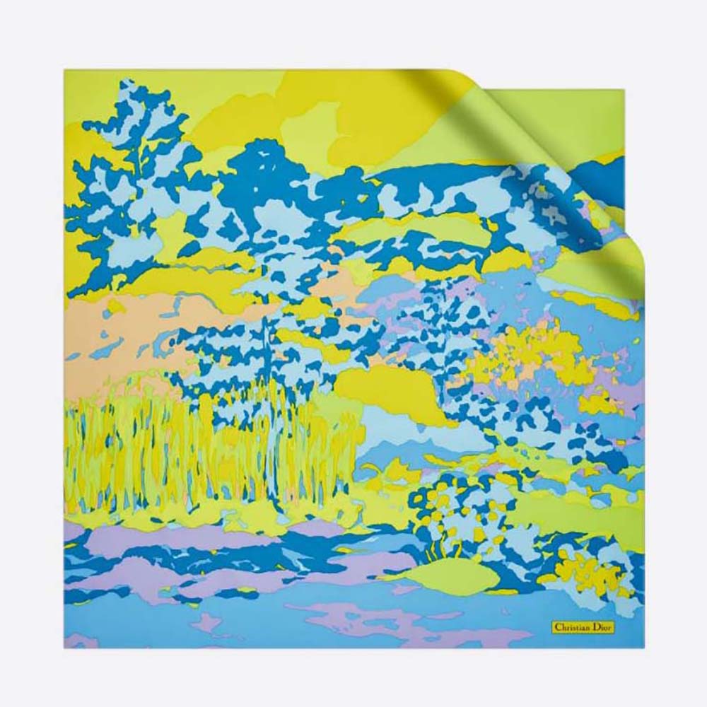 Front view of Dior Women D-Wood Square Scarf Multicolor Silk Twill-Blue