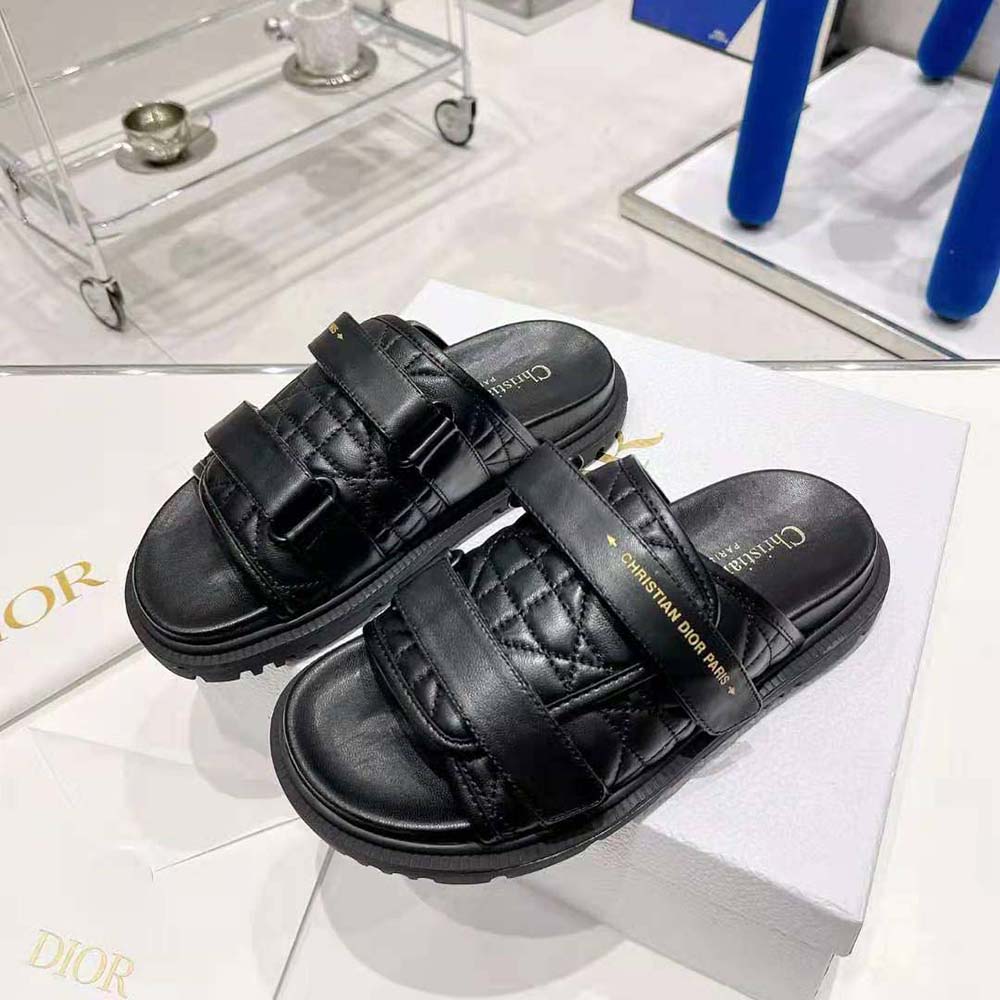Top view showing black calfskin and silver Dior hardware on slide