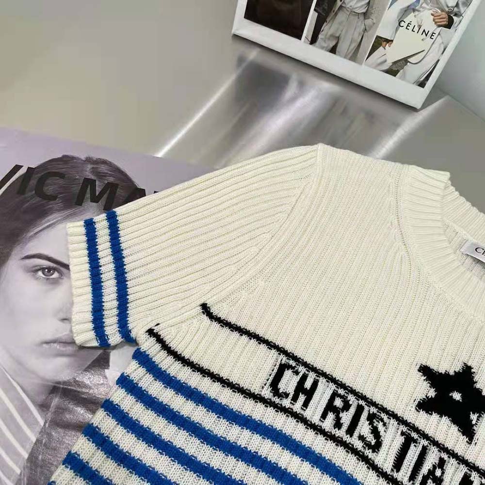 Dior Women Dioriviera Los Angeles Short-Sleeved Sweater Ecru and Bright Blue Cotton Knit with Signature - image 5