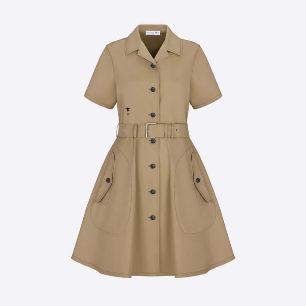 Front view of Dior Women Dress with Belt Beige Cotton Gabardine