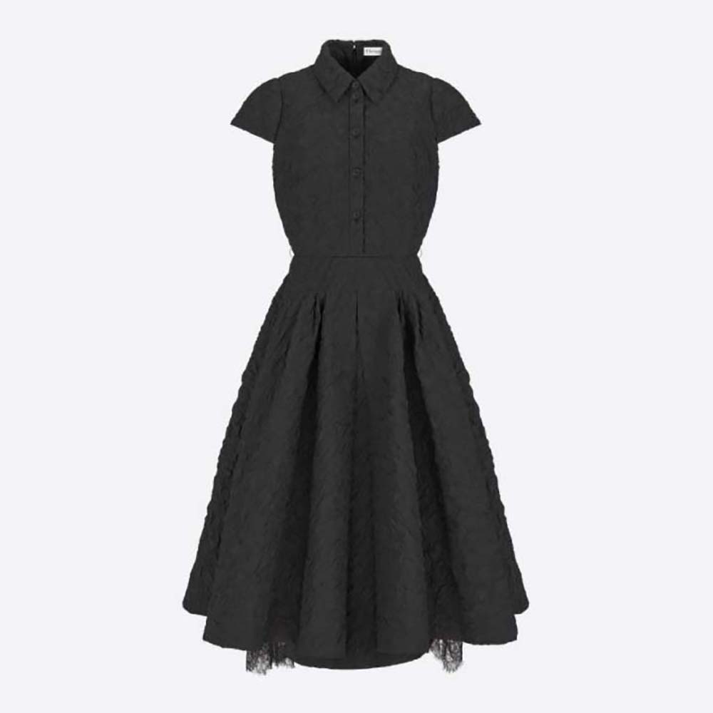 Front view of Dior Women Dress with Belt Black Cloqué Technical Fabric