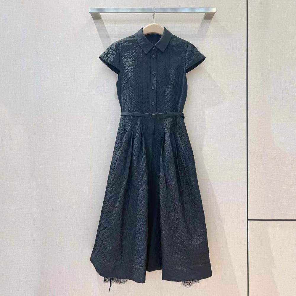 Close-up of belt and textured fabric on Dior Women Dress with Belt Black Cloqué Technical Fabric