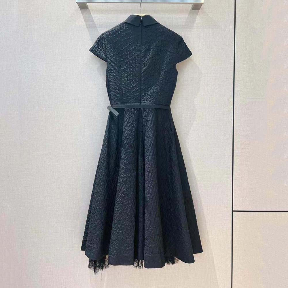 Back silhouette showing flare on Dior Women Dress with Belt Black Cloqué Technical Fabric