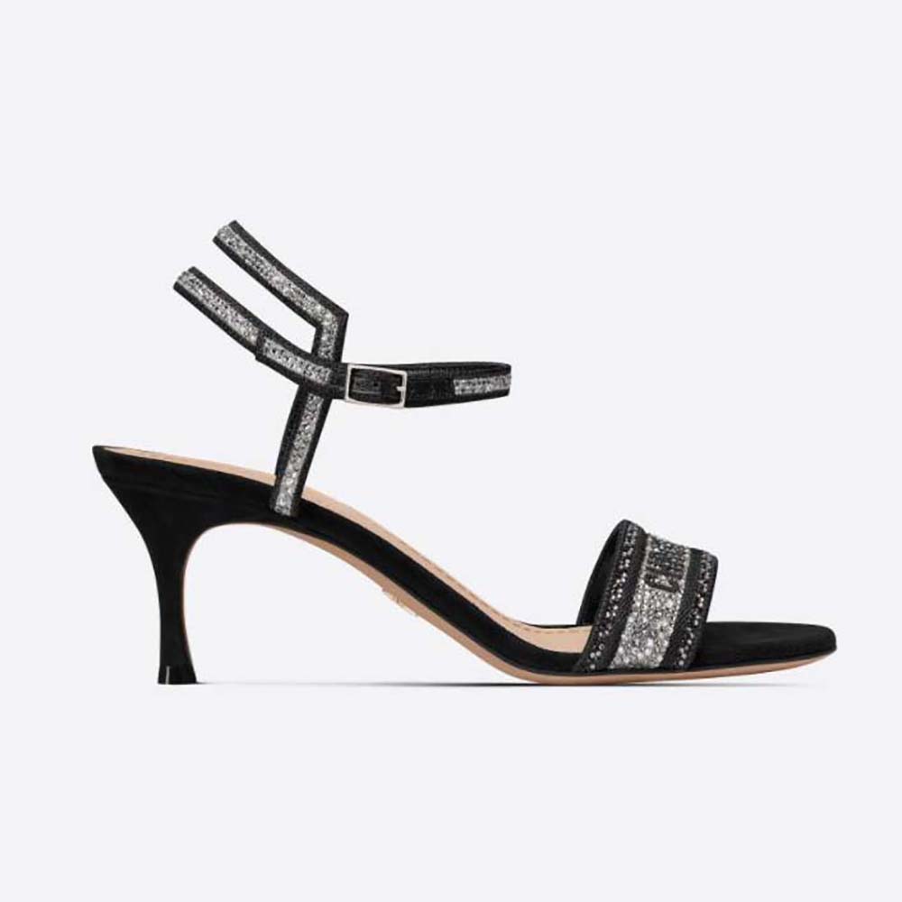 Side view of Dior Women Dway Heeled Sandal Black Cotton Embroidered