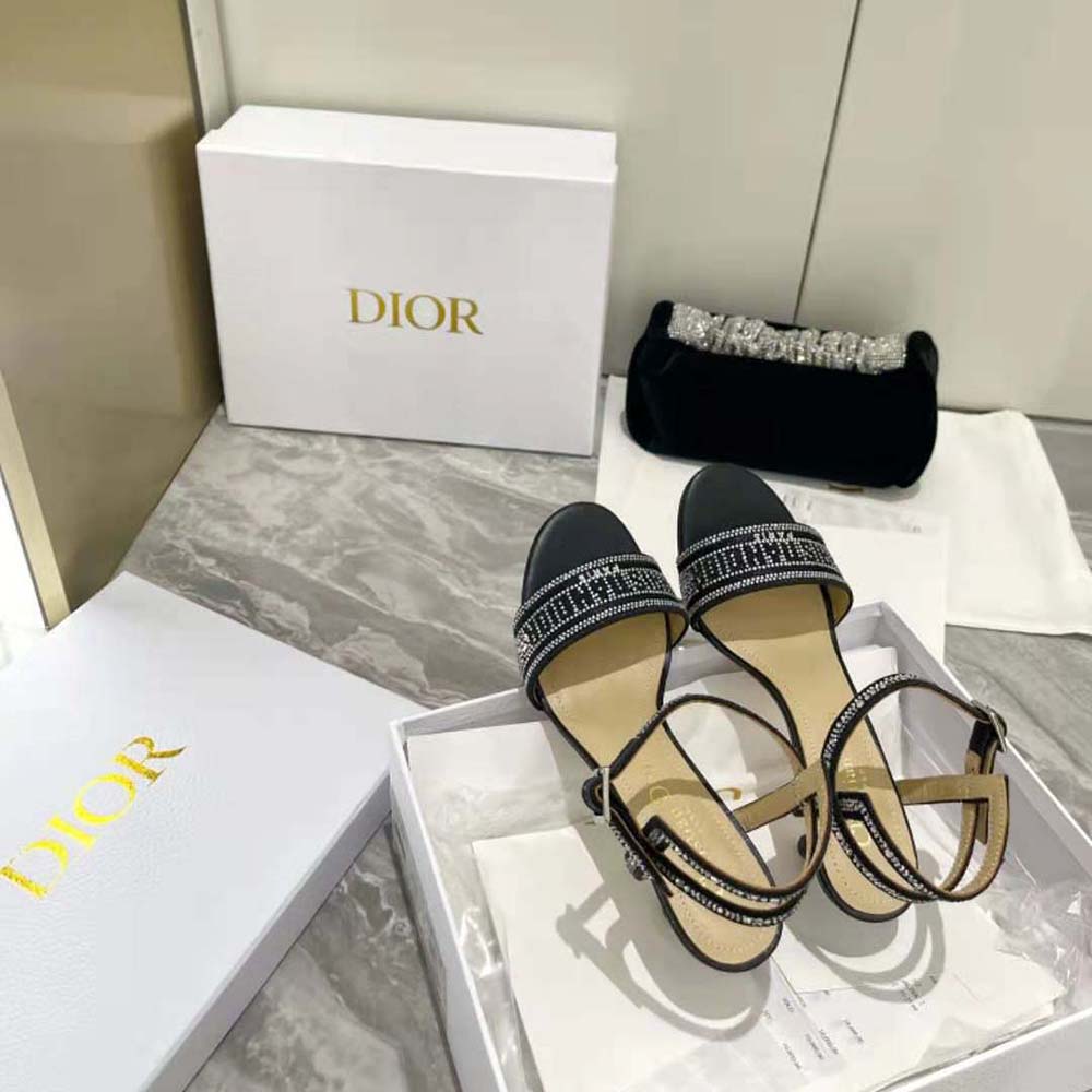 Dior Women Dway Heeled Sandal Black Cotton Embroidered with Thread and Silver-Tone Strass - image 6