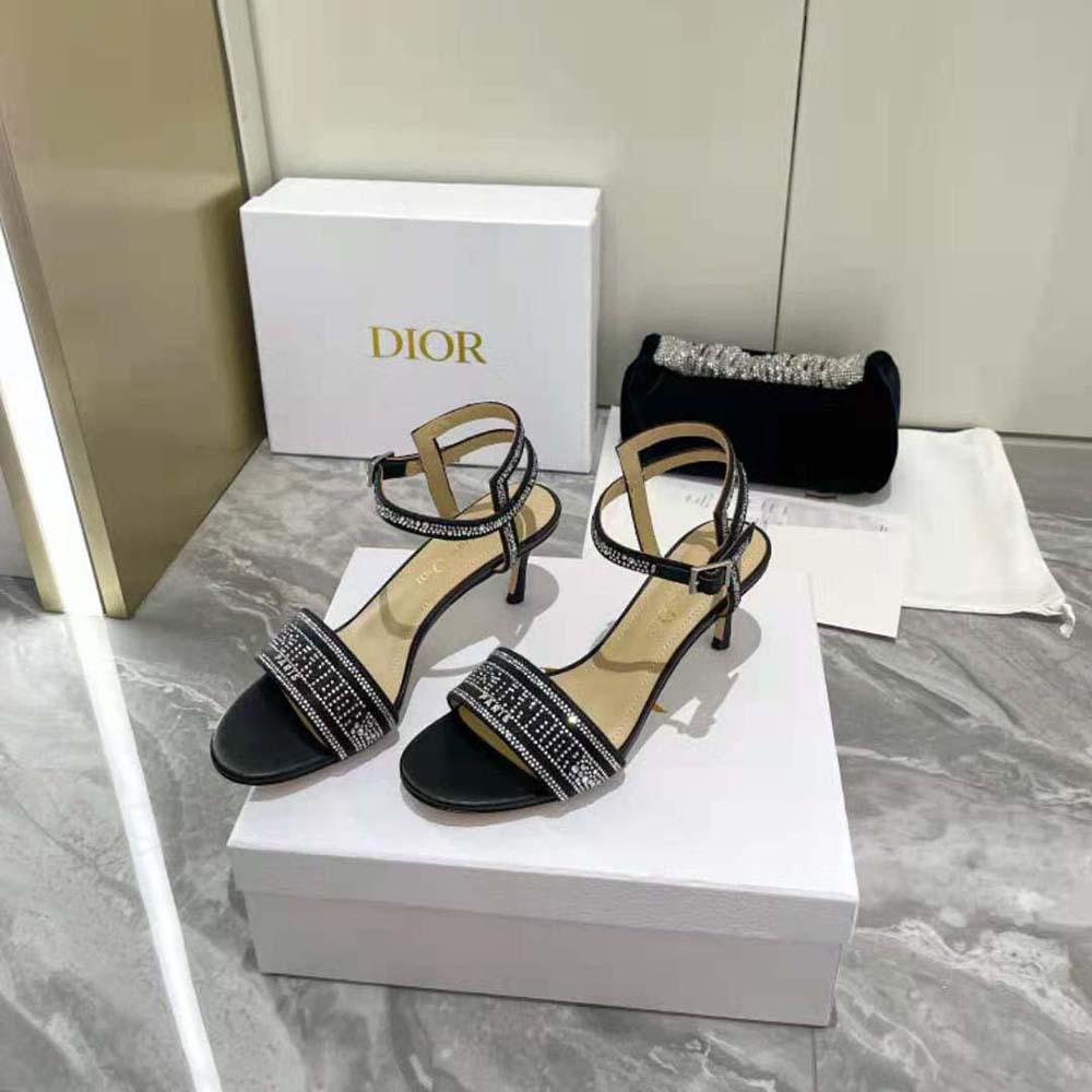 Dior Women Dway Heeled Sandal Black Cotton Embroidered with Thread and Silver-Tone Strass - image 4