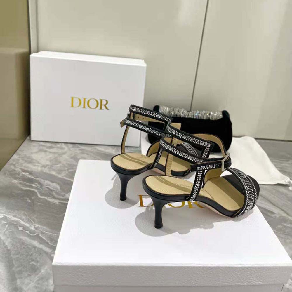 Dior Women Dway Heeled Sandal Black Cotton Embroidered with Thread and Silver-Tone Strass - image 7