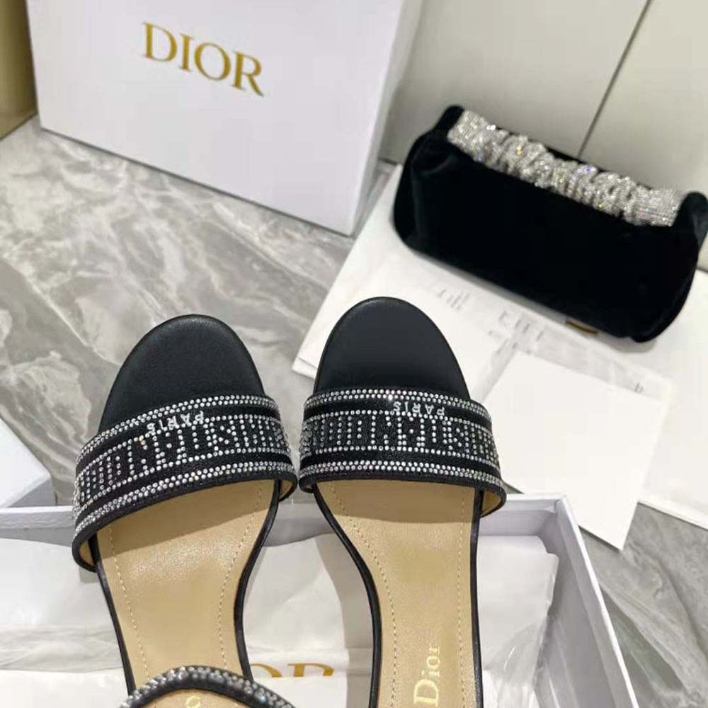 Dior Women Dway Heeled Sandal Black Cotton Embroidered with Thread and Silver-Tone Strass - image 8