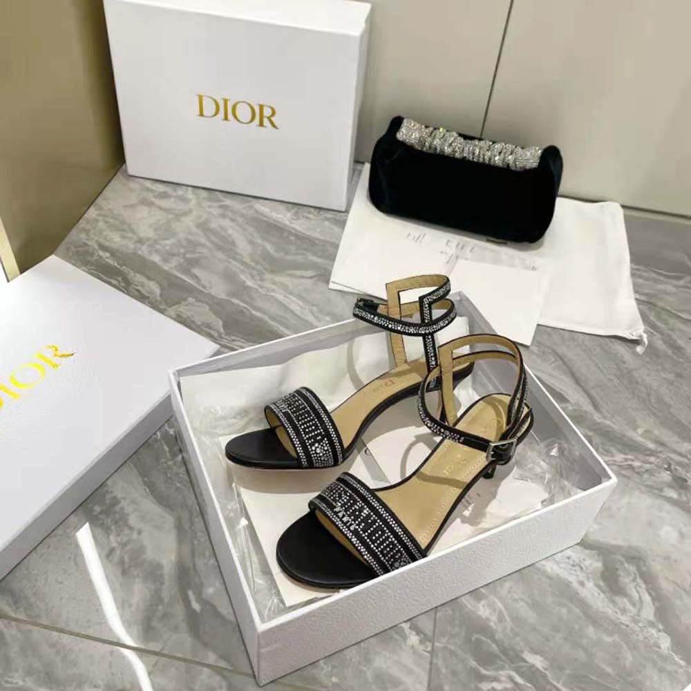 Dior Women Dway Heeled Sandal Black Cotton Embroidered with Thread and Silver-Tone Strass - image 5
