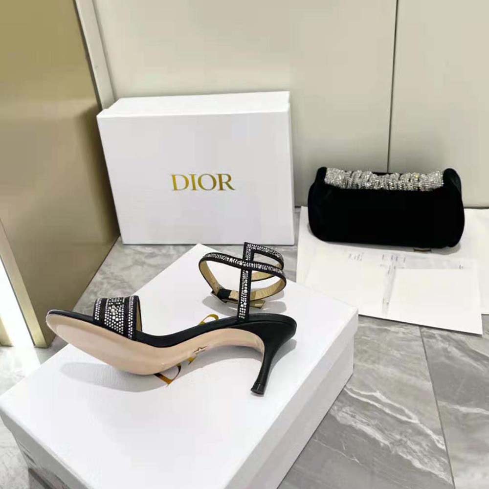 Dior Women Dway Heeled Sandal Black Cotton Embroidered with Thread and Silver-Tone Strass - image 10