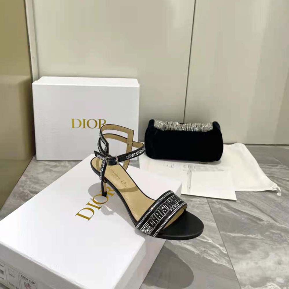 Dior Women Dway Heeled Sandal Black Cotton Embroidered with Thread and Silver-Tone Strass - image 9