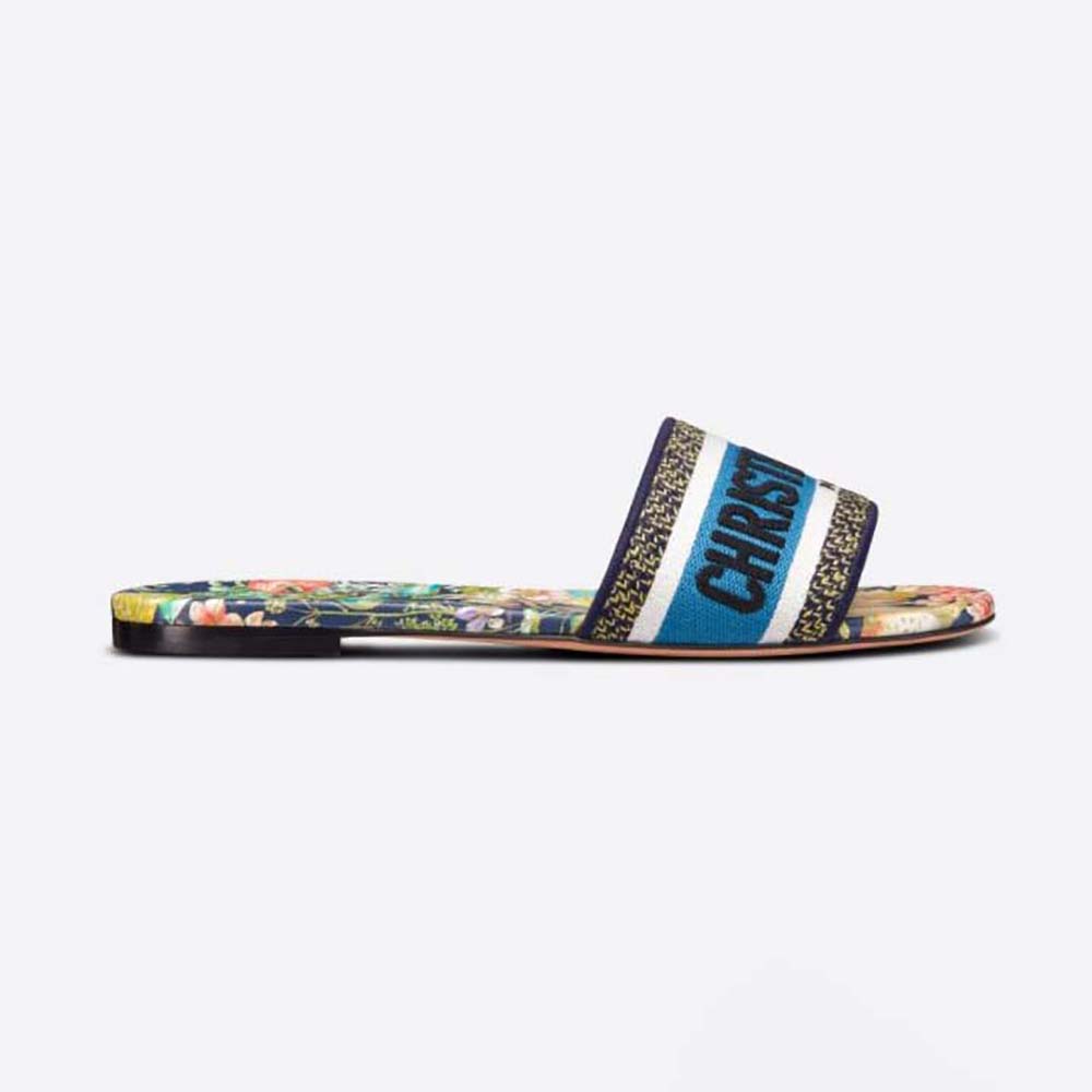 Side view of Dior Women Dway Slide showing black cotton and multicolor embroidery