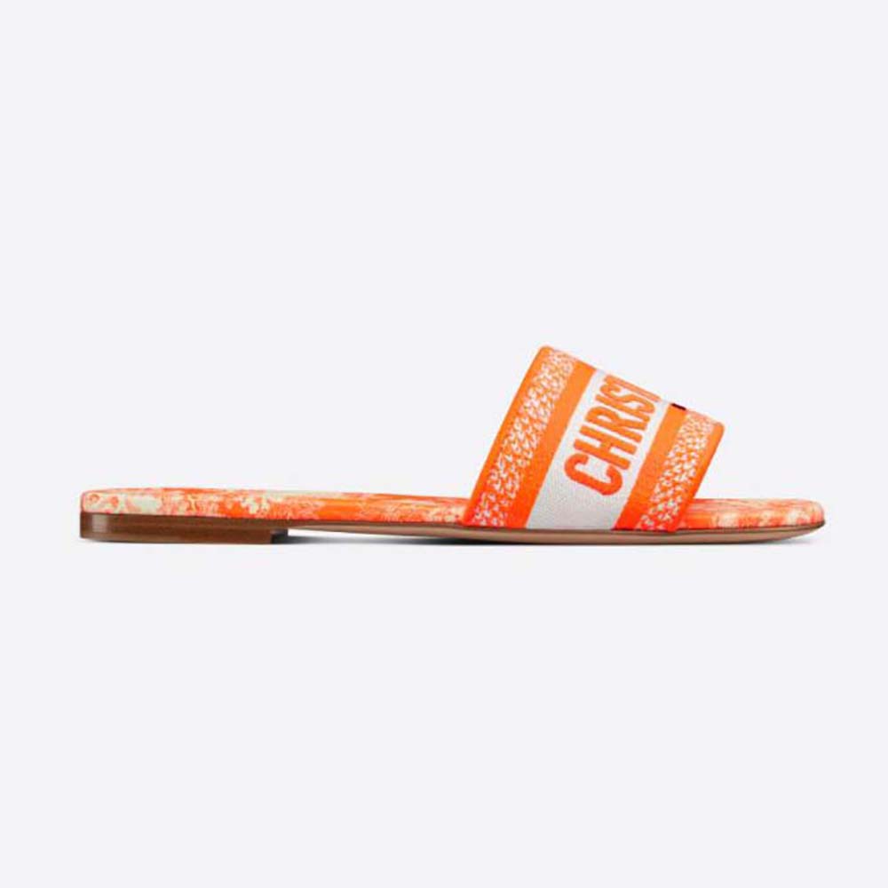 Front view of Dior Women Dway Slide Bright Orange Toile De Jouy Embroidered Cotton