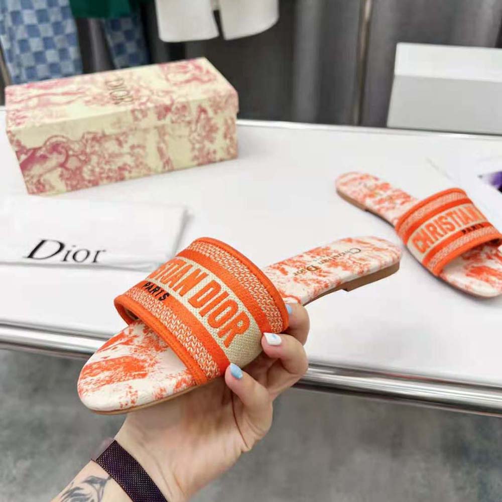 Dior Women Dway Slide Bright Orange Toile De Jouy Embroidered Cotton - image 9