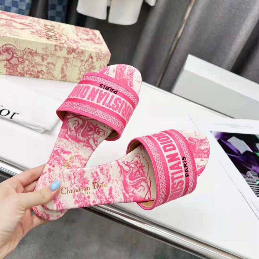 Dior Women Dway Slide Bright Pink Toile De Jouy Embroidered Cotton - image 6