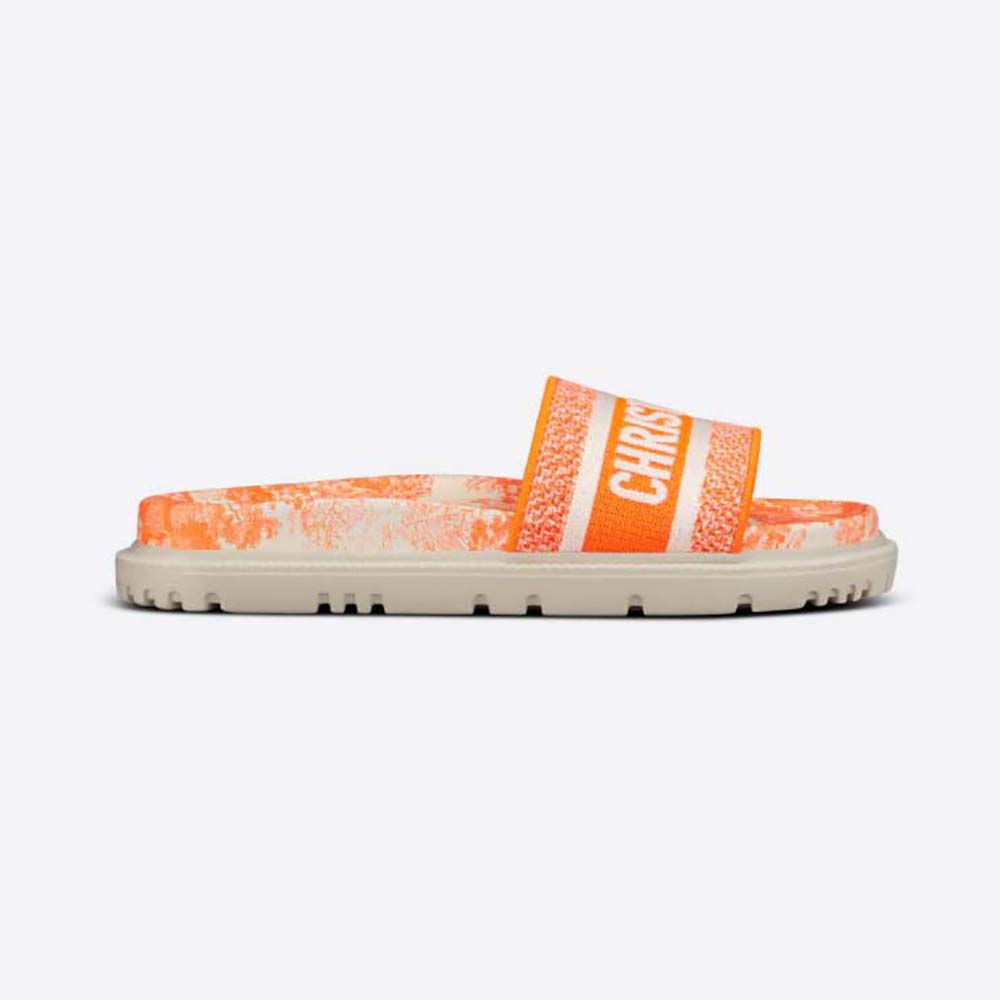 Side view of Dior Women Dway Slide Bright Toile De Jouy Embroidered Cotton-Orange sandal