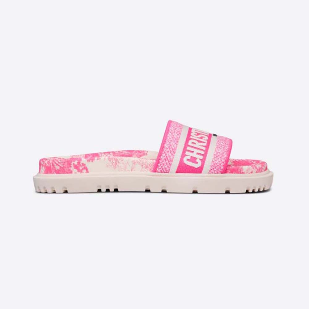 Side view of Dior Women Dway Slide Bright Toile de Jouy Embroidered Cotton-Pink